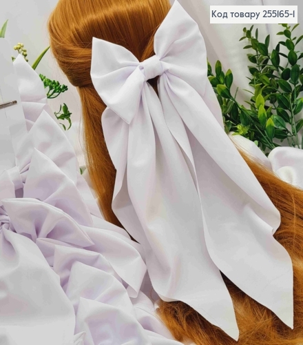 Бант БЕЛОГО цвета, на заколке 7,5см, стрейч котон, размер 14,5*36см, ручная работа, Украина. 255165-1 фото 1