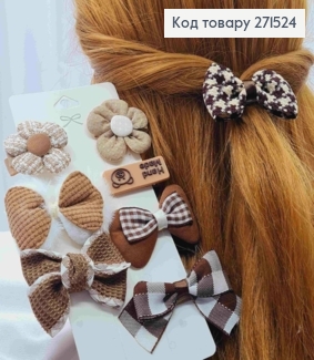 Набір заколка стріла(8шт), Квіточка та Бант, Коричнево-Пастельного кольору, заколка3,5см, бант4;6см 271524 фото