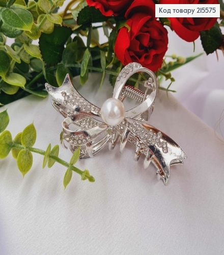 Краб металл, "Бантик" серебряного цвета, с камешками и жемчужинами, 8см. 215575 фото 2