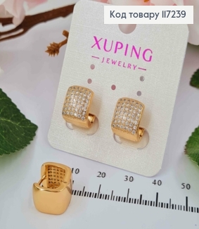 Серьги колечки КВАДРАТНЫЕ семь рядов камешков, диаметр 1,4см, ширина 1*1,2см XUPING 18K 117239 фото