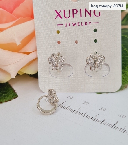 Сережки родированые кольца Бабочки с камнями, 1*1см, Xuping 180714 фото 1