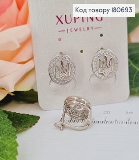 Сережки родированые Герб Тризуб в оправе с камней (англ.застежка), 1,2см, Xuping 180693 фото