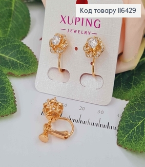 Серьги, С большой розой и камнем, 1см, клипси на закрутке, Xuping 18К 116429 фото
