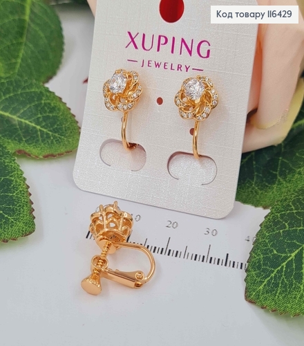 Серьги, С большой розой и камнем, 1см, клипси на закрутке, Xuping 18К 116429 фото 1