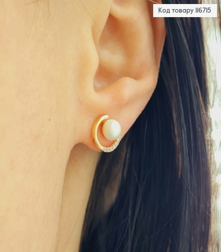 Сережки гвоздики, з перлинкою та обідочком в камінцях, 9мм, Xuping 18K 116715 фото 1