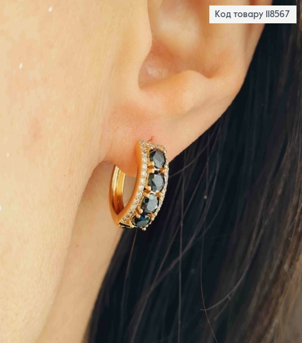 Сережки кільця з Чорними камінцями, діаметр 1,7см, Xuping 18К 118567 фото 2