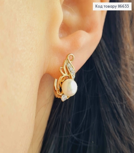 Серьги "Лебедка" с камешками и жемчужиной, 1,5см, англ. зам. Xuping 18K 116633 фото 2