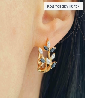 Серьги "Веточка Лозы" с Блестяще-Черными камешками, 1,8см, английская застежка, Xuping 18K 118757 фото