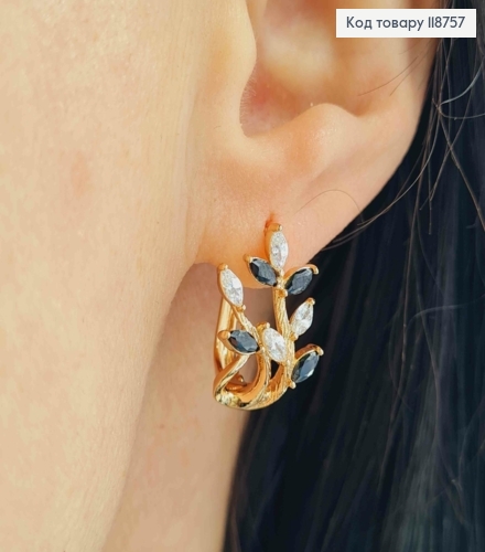 Серьги "Веточка Лозы" с Блестяще-Черными камешками, 1,8см, английская застежка, Xuping 18K 118757 фото 1