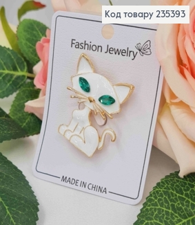 Брошь, "Котик" с Зелеными глазами, 3,5см, Белого цвета 235393 фото