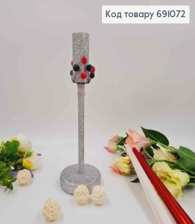 Підсвічник дерев'яний, блиск срібного кольору, декорований ягодами, висота 28см, підставка 9см  691072 фото