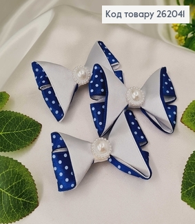 Заколка стріла, з синьо-білим атласним бантиком в горошок та білою перлинкою 262041 фото