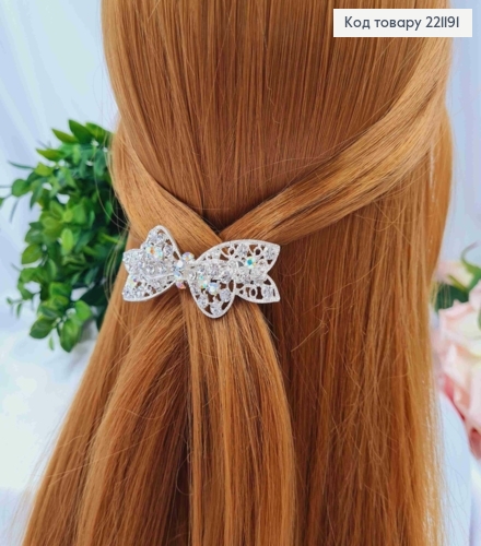 Заколка автомат, АЖУРНЫЙ БАНТИК украшена Блестящими камешками, Серебряного цвета, 7,5см 221191 фото 1