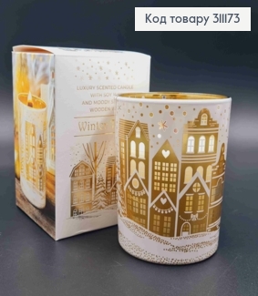 Парфумована СОЄВА свічка стакан "Winter Town" з дерев'яним гнотом, 200г/47год,bartek 311173 фото