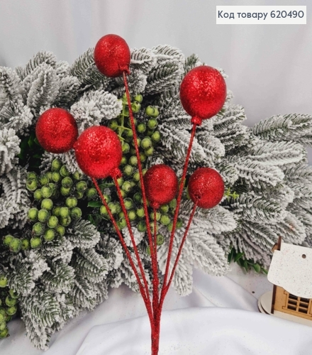 Веточка НОВОГОДНЯЯ, блеск КРАСНЫЕ Шарики, 6шт, 38см 620490 фото 1