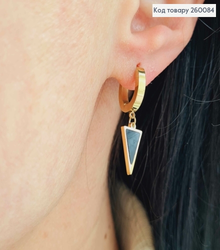 Серьги кольца 1,4см, лимонного цвета, с подвеской Треугольник с черной эмалью,сталь Stainless Steel 260084-1 фото 2