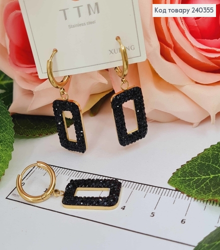 Кольцо серьги, золотого цвета. Подвески прямоугольнички в черных камушках, сталь Stainless Steel 260012 фото 2
