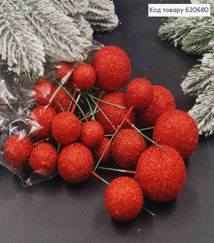 Декор новогодний, КРАСНЫЕ-БЛЕСК шарика (20шт) разного размера (пластик), 2см*3см*4см, 20шт/уп 620680 фото 1