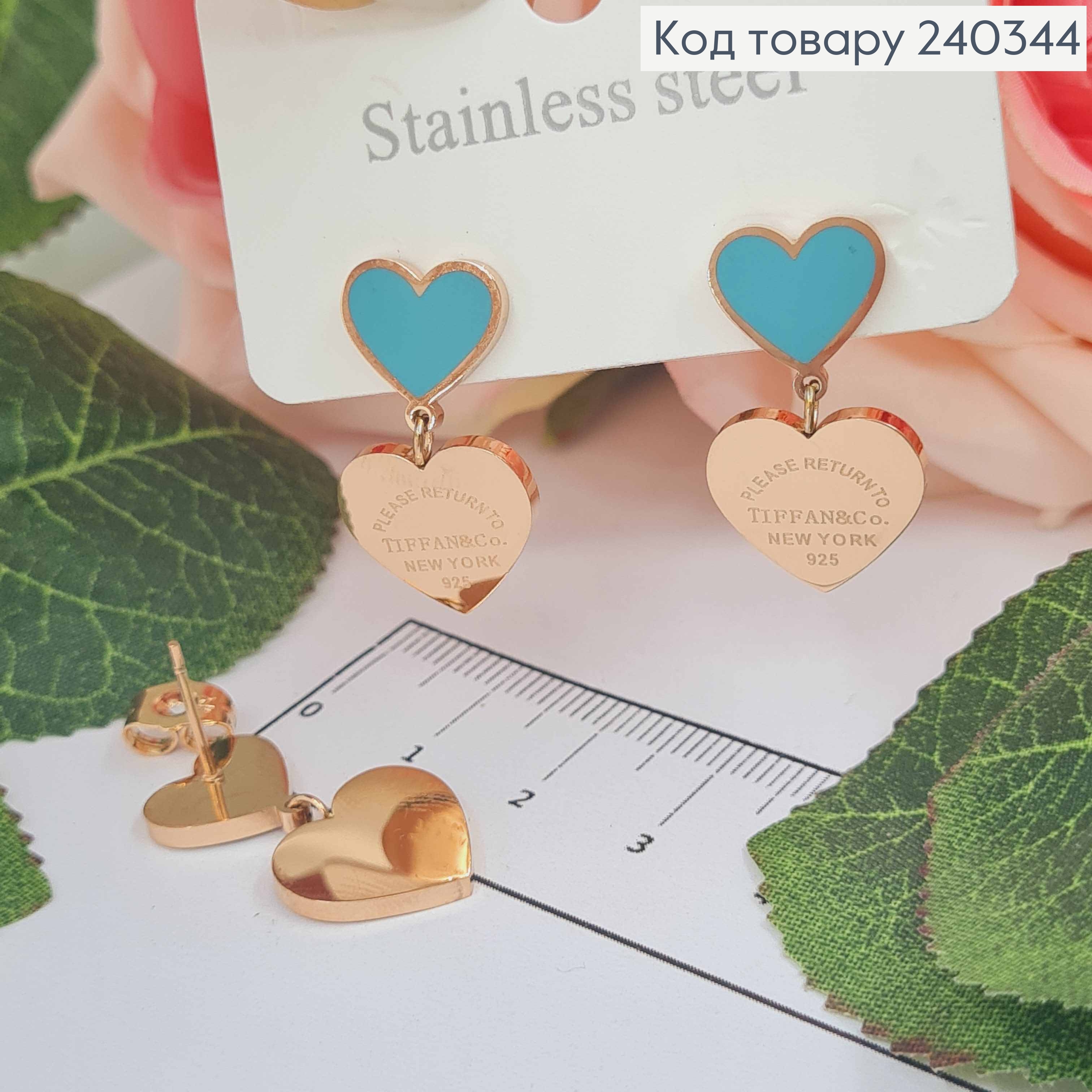 Серьги гвоздики, с подвесками сердечками, с голубой емаллю, золотого цвета, сталь Stainless Steel 240344 фото 2