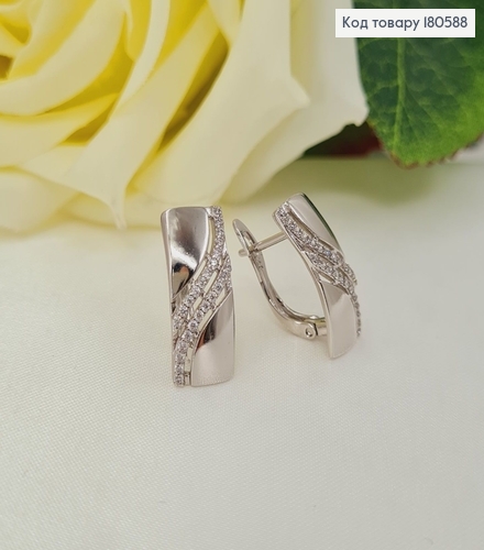 Серьги Прямокутные с Волной  в камнях 2*0,9см (англ. застежка) родированые Xuping 180588 фото 2