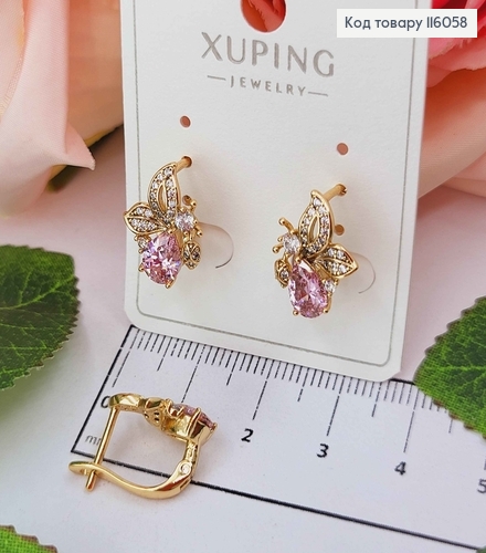 Серьги "Бабочка", с большим розовым камнем, 1,5см, англ. зам. Xuping 18K 116058 фото 1