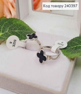 Кольцо серебряного цвета, четырехлистник с черной эмалью, "Van Cleef", сталь Stainless Steel 240397 фото