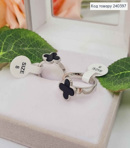 Кольцо серебряного цвета, четырехлистник с черной эмалью, "Van Cleef", сталь Stainless Steel 240397 фото 1