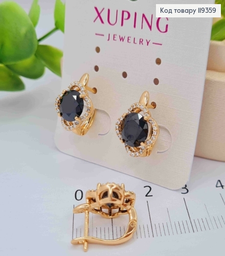 Серьги "Цветок Эдема" с Черным камнем, 1,5см, английская застежка, Xuping 18K 119359 фото 1