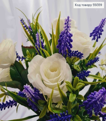 Штучна композиція Білі ТРОЯНДИ з ЛАВАНДОЮ, 18 гілок з квітами на металевому стержні, 42см 551359 фото 2