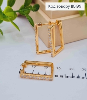 Сережки кільця "Прямокутні" прикрашені Блискучими камінцями,  довж2,4см, застібка шпилька,Xuping 18К 110199 фото