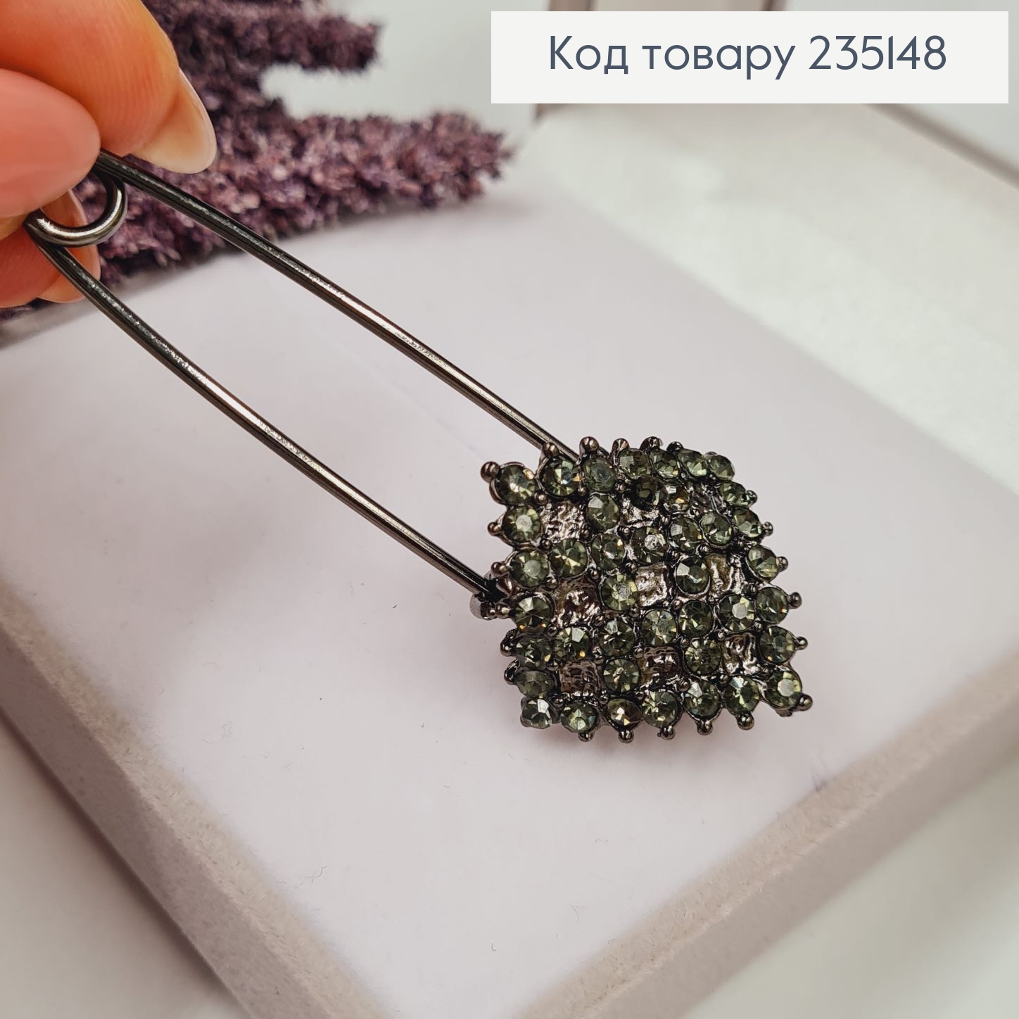 Брошка Шпилька "Ромб" с зелёными камушками 6.5*2.5 см, пепельный цвет. 235148 фото 1
