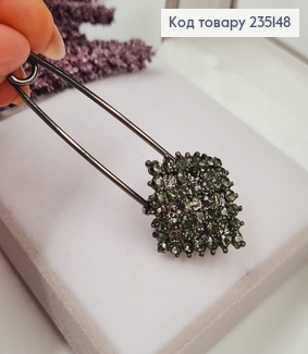 Брошка Шпилька "Ромб" с зелёными камушками 6.5*2.5 см, пепельный цвет. 235148 фото
