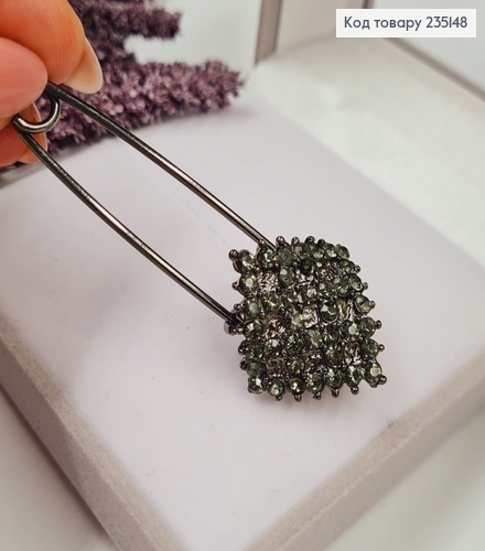 Брошка Шпилька "Ромб" с зелёными камушками 6.5*2.5 см, пепельный цвет. 235148 фото 1