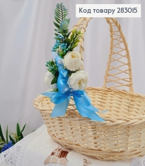 Декоративная повязка для корзины ГОЛУБАЯ с зайкой и цветами, 16*10см на завязках 283015 фото