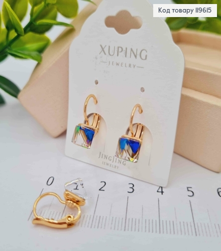 Серьги с Квадратным Зеленым камнем Сваровски Хамелеон, 1,5см, застежка левербек, Xuping 18К 119615 фото 2