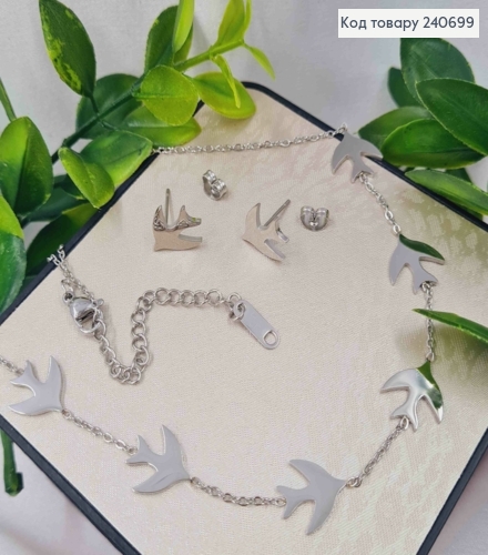 Набор "Ласточки": Цепочка(38+5), Серьги гвоздики(1,2см), Серебряного цвета, Stainless Steel 240699 фото 1