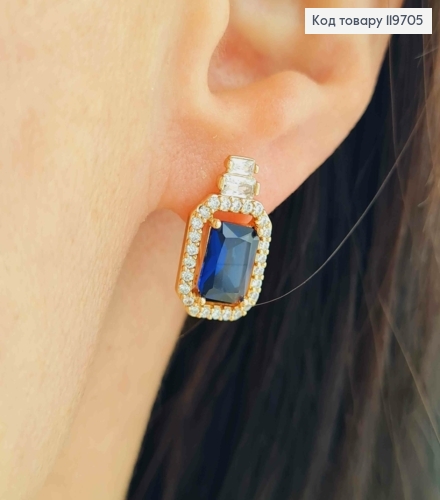 Серьги с изысканным темно-синим камнем в оправе из камней, дл. 1,7см, англ. застежка, Xuping 18К 119705 фото 1