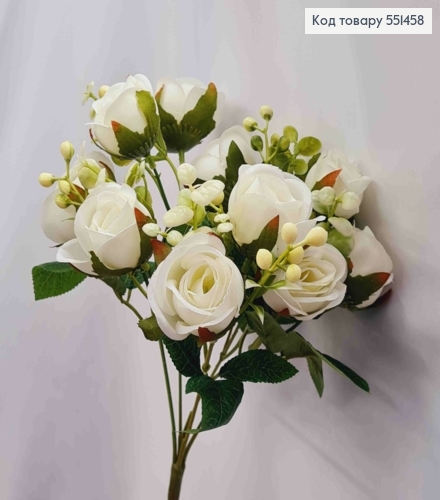 Искусственная композиция Розы, БЕЛОГО цвета, 5 веточек 10 цветочков на металлическом стержне, высота 30см 551458 фото 1