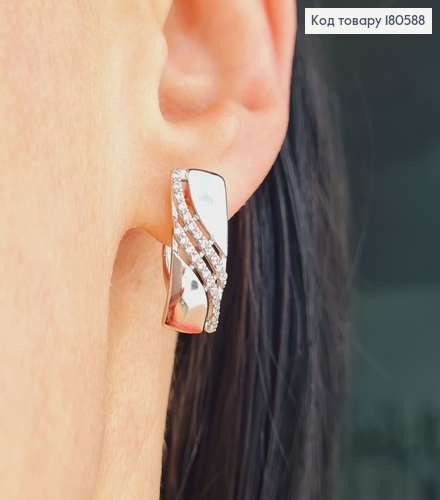 Серьги Прямокутные с Волной  в камнях 2*0,9см (англ. застежка) родированые Xuping 180588 фото 4