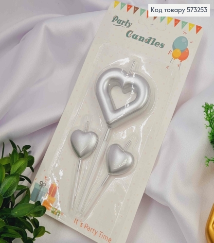 Набор свечей СЕРДЦА, серебряного цвета, размером 5,5см и 3см 573253 фото 1