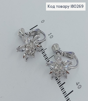 Сережки кліпси квіточка  з білим  камінцем  родіроване медзолото Xuping 180269 фото