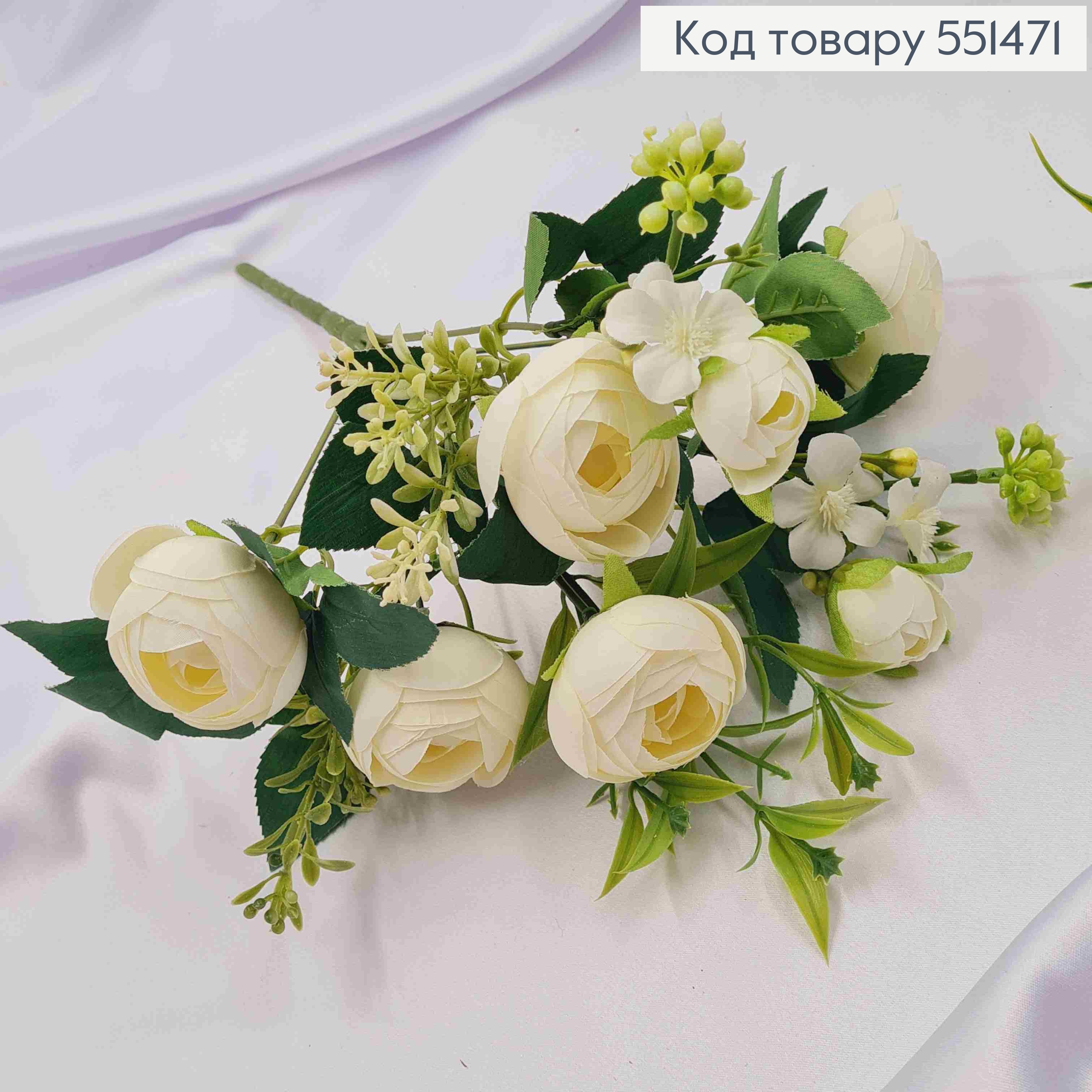 Искусственная композиция Пионовидные Розы, БЕЛОГО цвета, 7 веточек на металлическом стержне, высота 34см. 551471 фото 2