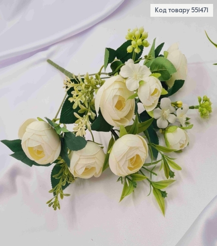 Искусственная композиция Пионовидные Розы, БЕЛОГО цвета, 7 веточек на металлическом стержне, высота 34см. 551471 фото 2