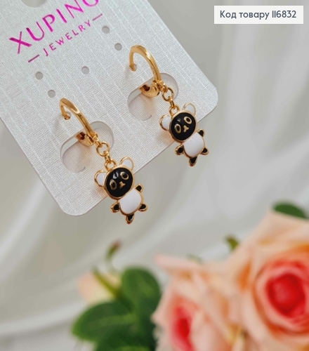 Серьги кольца 1см, с подвеской Черно-Белой пандой, 1,5см, Xuping 18К 116832 фото 1