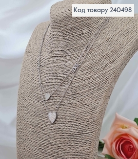 Цепочка двойная, серебряного цвета, с подвеской "Love" и сердечками, 40+5см, сталь Stainless Steel 240498 фото