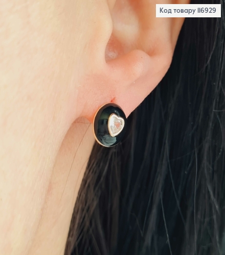 Серьги гвоздики, "Пуговица" с камнем в форме сердечка и черной эмалью, 1см, Xuping 18K 116929 фото 2