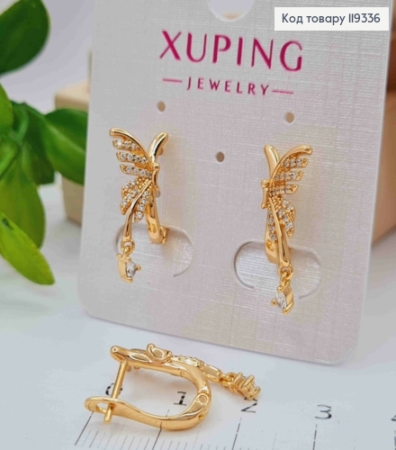 Серьги "Крылья" с камешками и подвесным Камнем, длина 1,3+0,4см, английская застежка, XUPING 18K 119336 фото 2