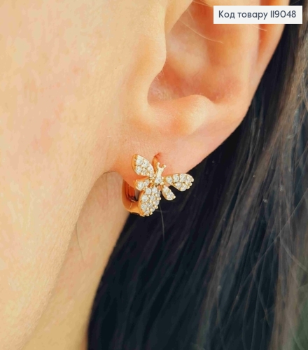 Серьги кольца (1см) "Пчелка" украшена Блестящими камешками, 1см, Xuping 18K 119048 фото 2