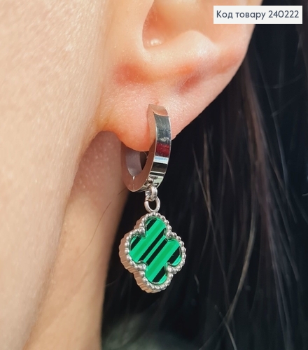 Сережки родированые кольца "Van Cleef" из зеленой вставкой, 2*1см, Stainless Steel 240222 фото 2