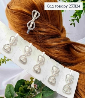 Заколка стрела металл "Бантик" с камешками и жемчужинами, 6*2,5см, Серебряного цвета. 233124 фото